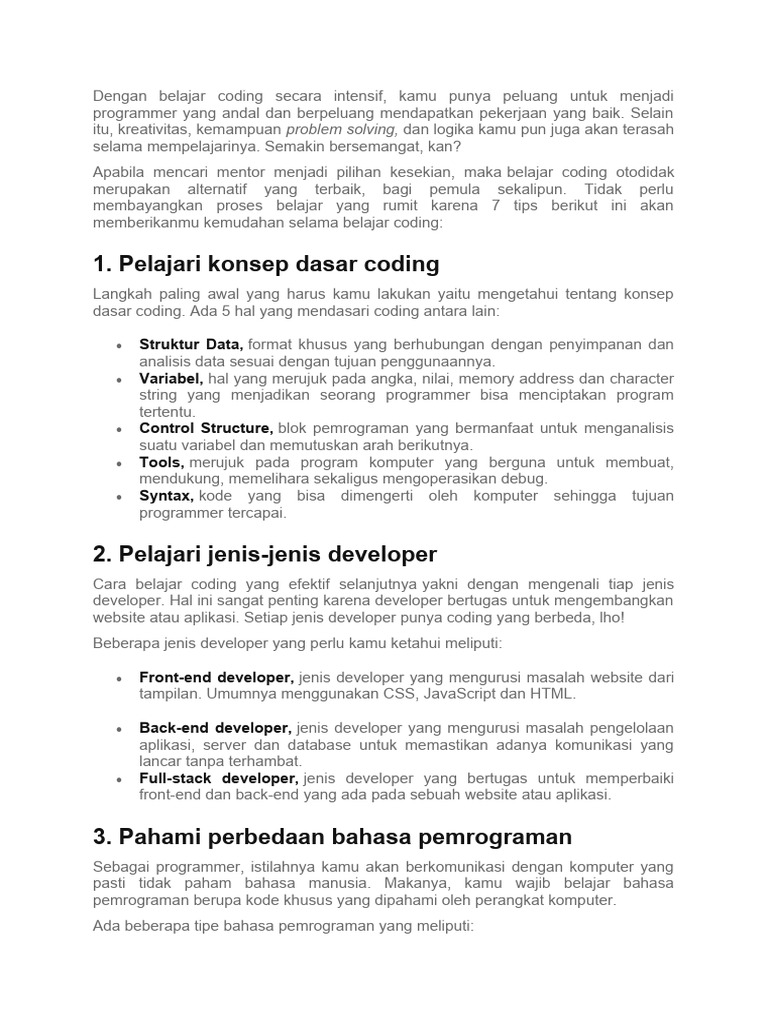 Tips Belajar Coding Otodidak untuk Pemula | PDF | Karier & Perkembangan ...