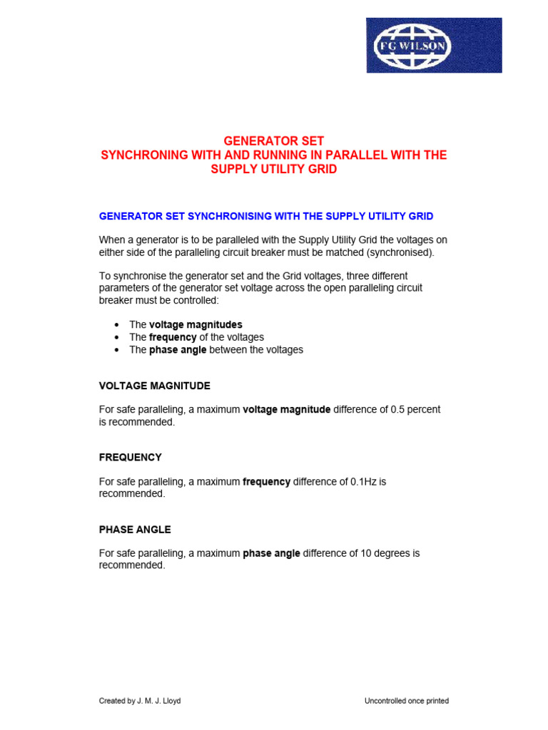 Generator Set Synchronization Guide | PDF | Electrical Grid | Mains ...