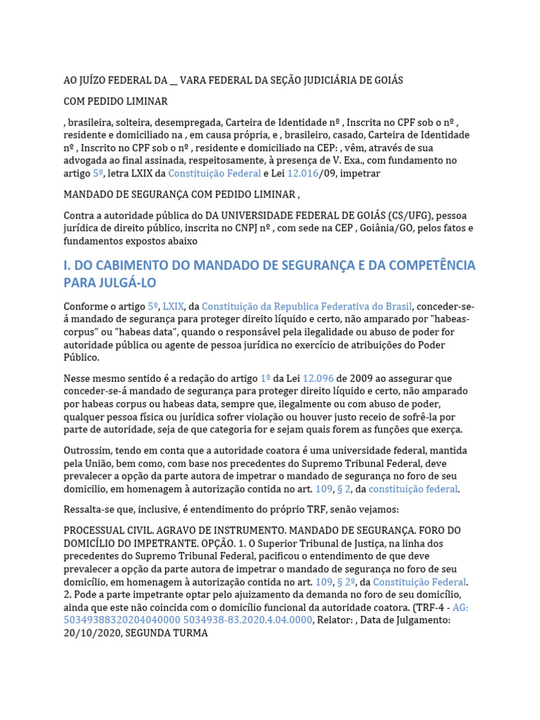 Mandado de Segurança contra UFG | PDF | Mandamus | Sentença (jurídico)