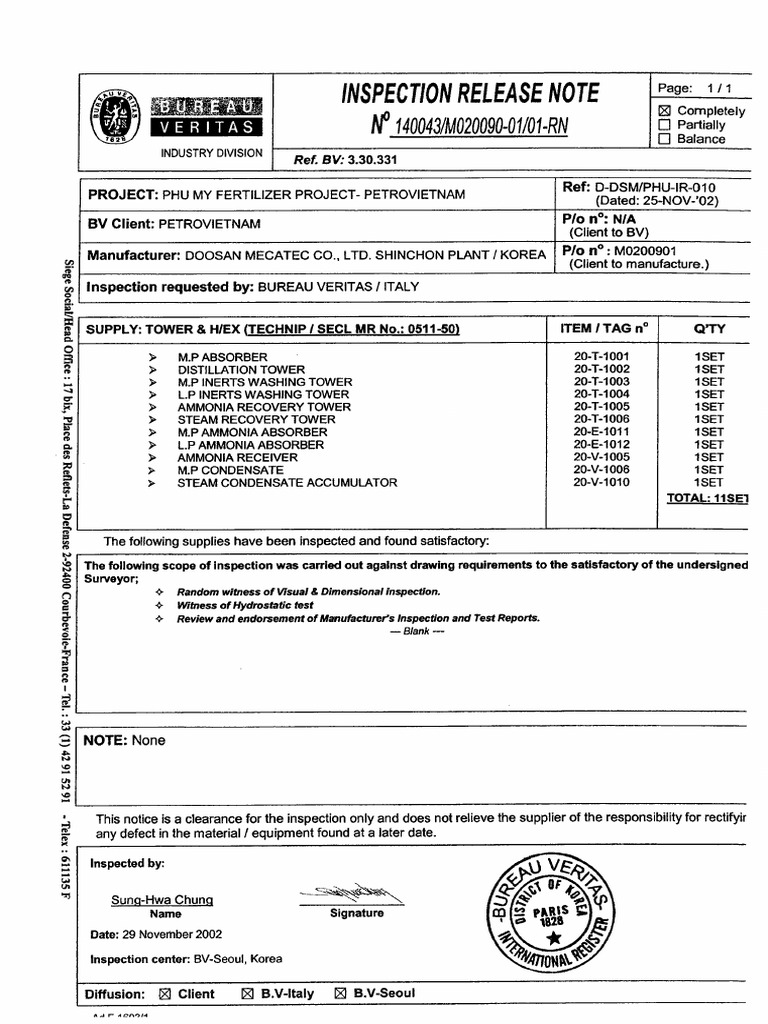 Inspection Release Note | PDF