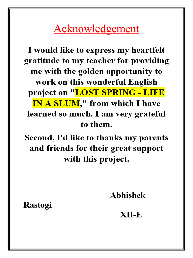 Acknowledgment for English Project | PDF | Wellness