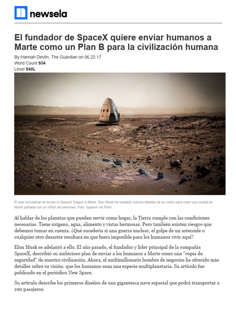 Elon Musk y su plan para colonizar Marte | PDF | Espacio X | Marte