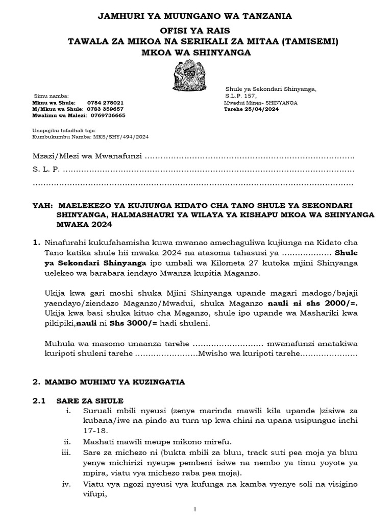 Jamhuri Ya Muungano Wa Tanzania Ofisi Ya Rais Tawala Za Mikoa Na ...