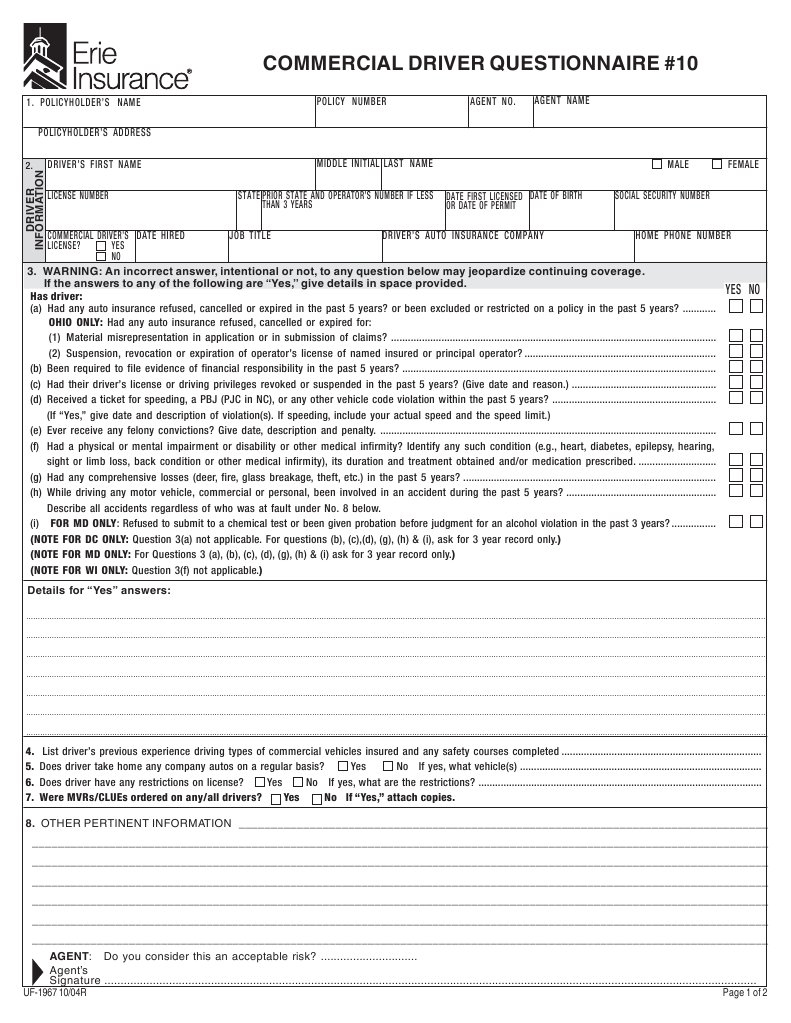 Commercial Driver Questionnaire PDF Fraud Vehicle Insurance