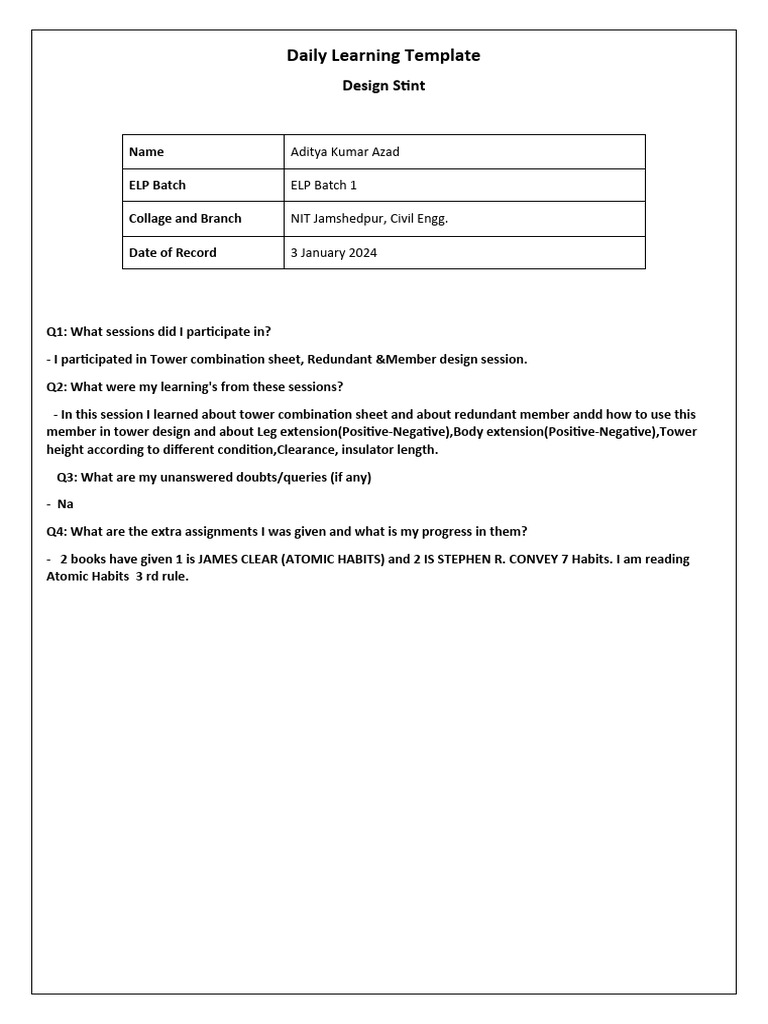 Daily Learning Template for Engineering Sessions | PDF | Career & Growth