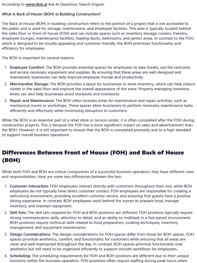 Understanding BOH in Construction | PDF