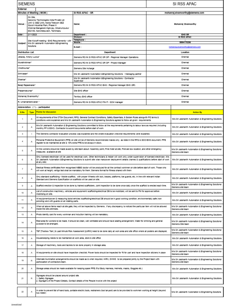 EHS Kickoff Meeting Minutes at Salcomp | PDF | Electrician | Siemens
