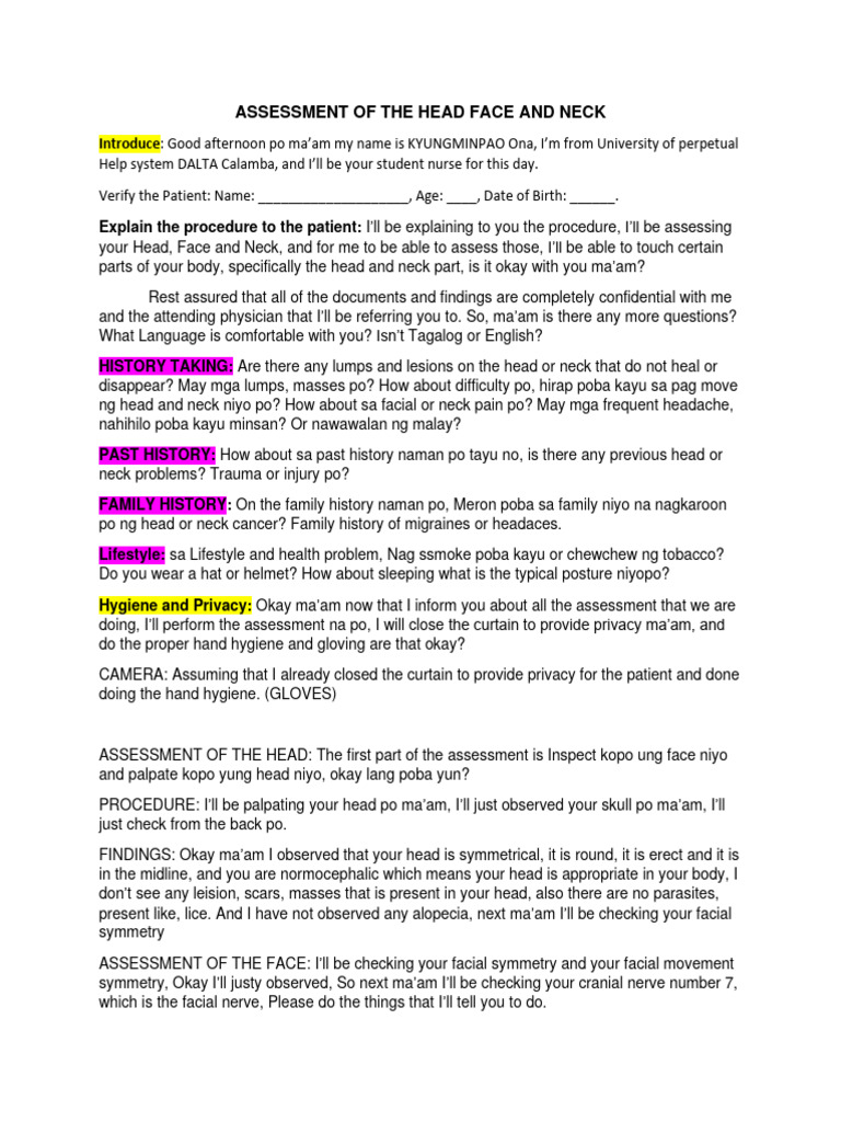 Assessment of The Head Face and Neck | PDF | Neck | Headache