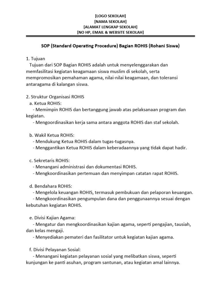 SOP (Standard Operating Procedure) Bagian ROHIS (Rohani Siswa) | PDF