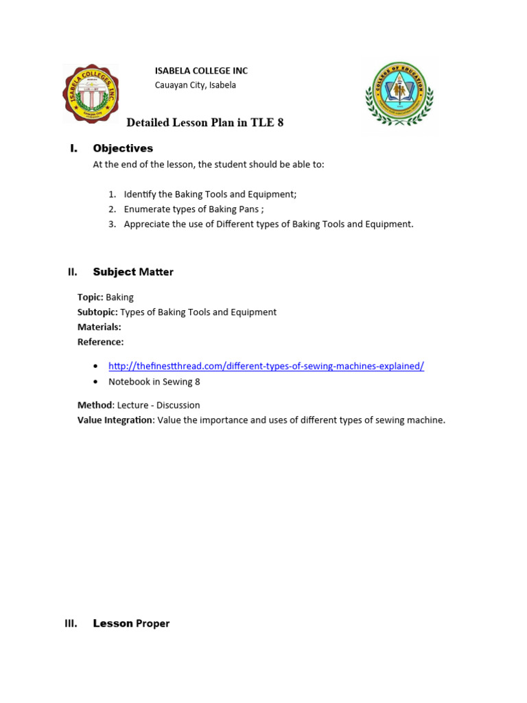 TLE 8 Lesson Plan: Baking Tools & Equipment | PDF | Sewing | Sewing Machine
