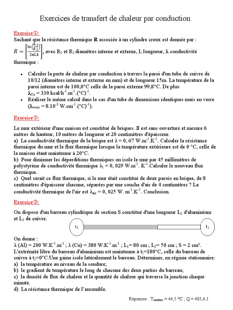Transfert Thermique Cours Et Exercices Corrigés Pdf Exercices de Transfert de Chaleur Par Conduction | PDF