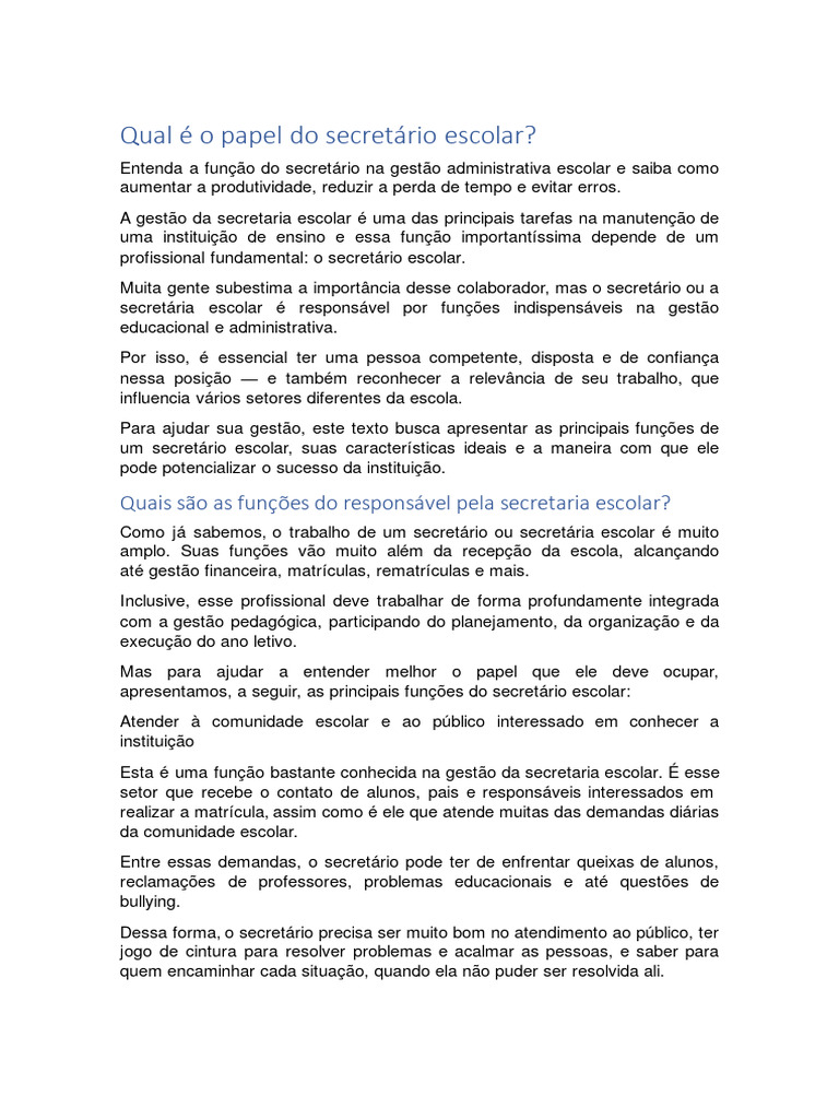 Qual É o Papel Do Secretário Escolar | PDF | Comunicação | Pedagogia