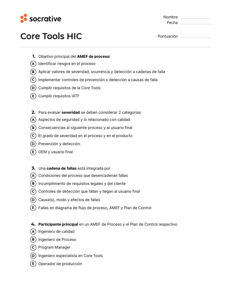 Examen Core Tools PDF Calidad (comercial) Diseño