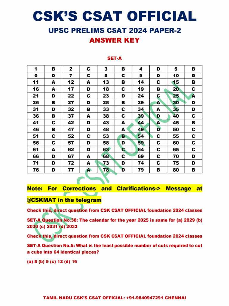 Csat 2024 Answer Key by Csk's Csat Official PDF