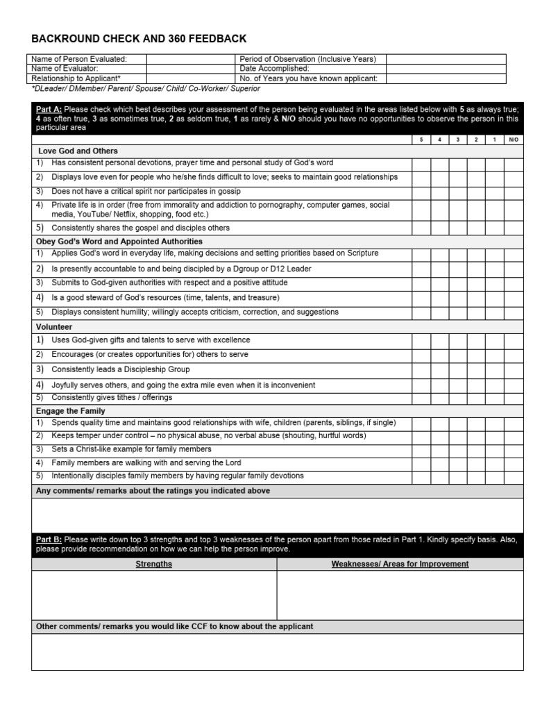 360 Feedback and Background Check Form | PDF | Disciple (Christianity ...