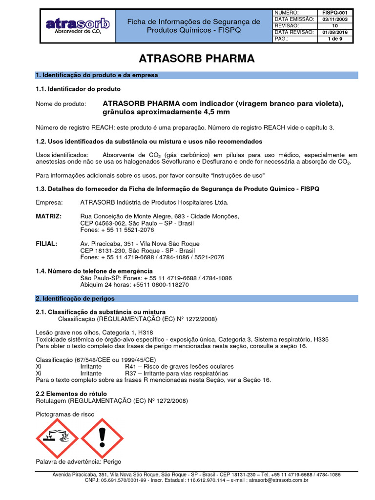FISPQ: Atrasorb Pharma e Cal Sodada | PDF | Embalagem e rotulagem ...