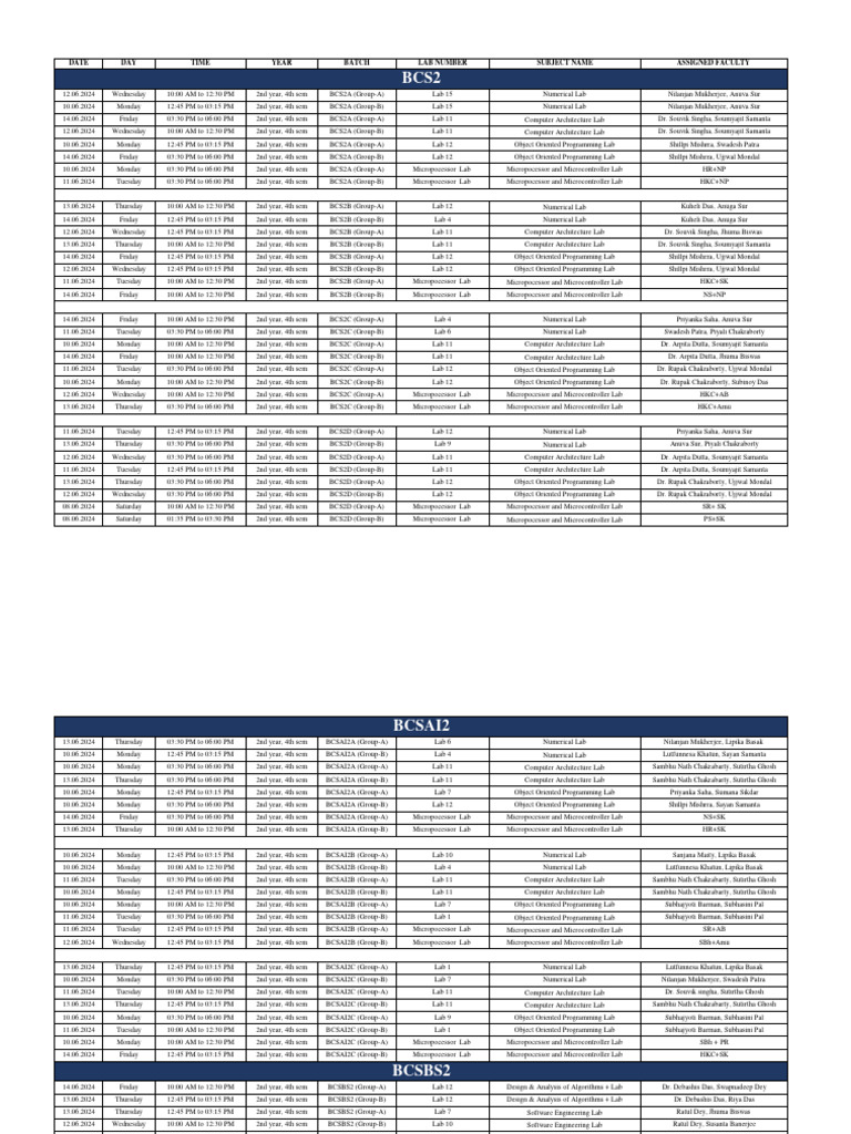 2024 BCS 2nd Year Lab Schedule | PDF | Information Science | Central ...