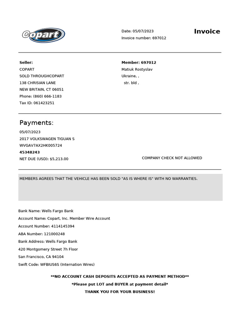 Copart Invoice and Wire Transfer Details | PDF