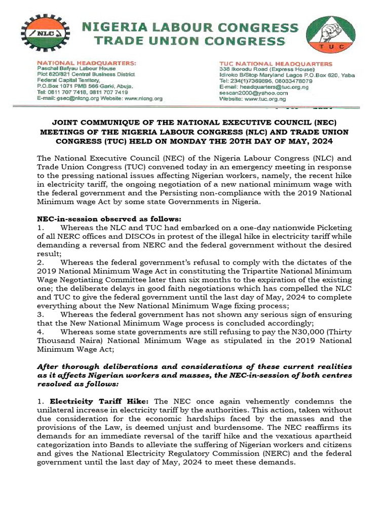 NEC Urges Action on Wage and Tariff Issues | PDF | Minimum Wage | Nigeria
