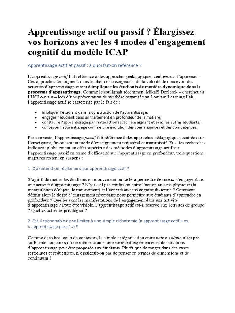 Modes d'engagement cognitif ICAP | PDF | Apprentissage | Pédagogie