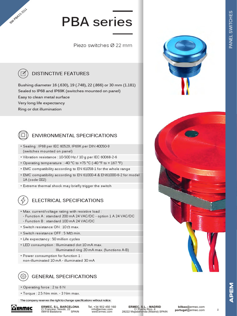 IP68/IP69K Piezo Switches Ø 22 mm | PDF | Alternating Current | Switch