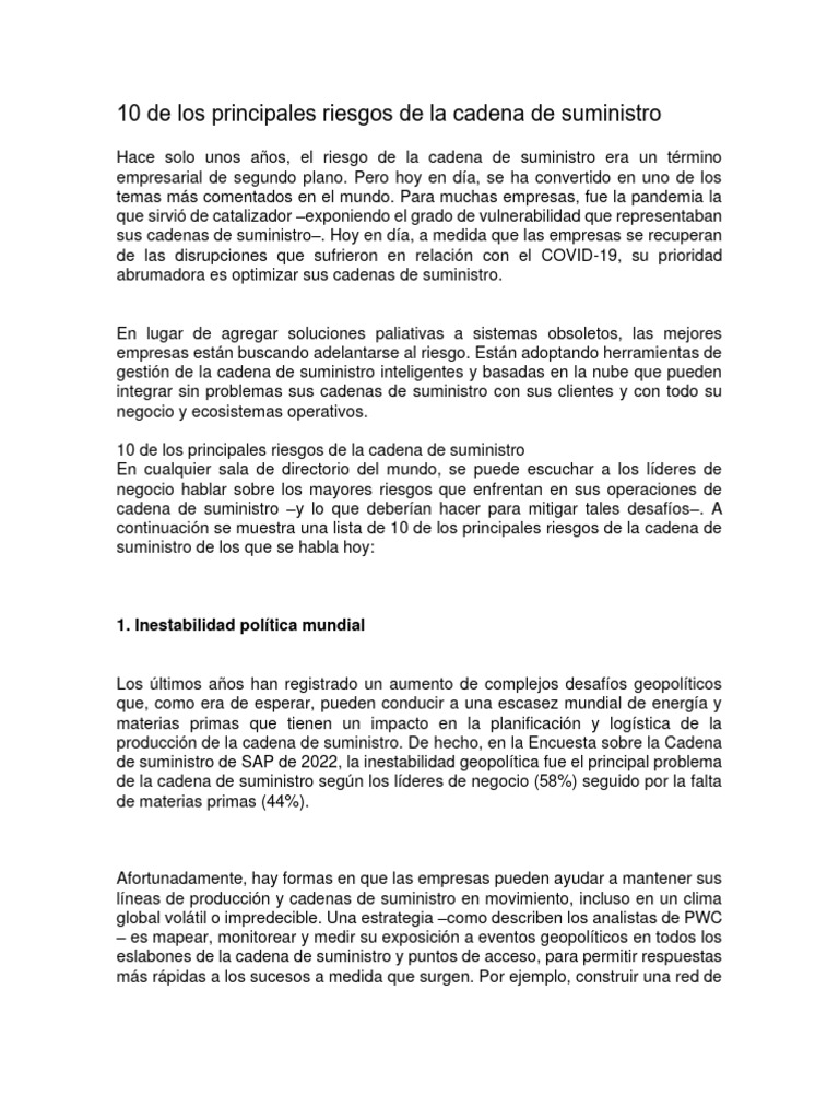 10 de Los Principales Riesgos de La Cadena de Suministro | PDF ...