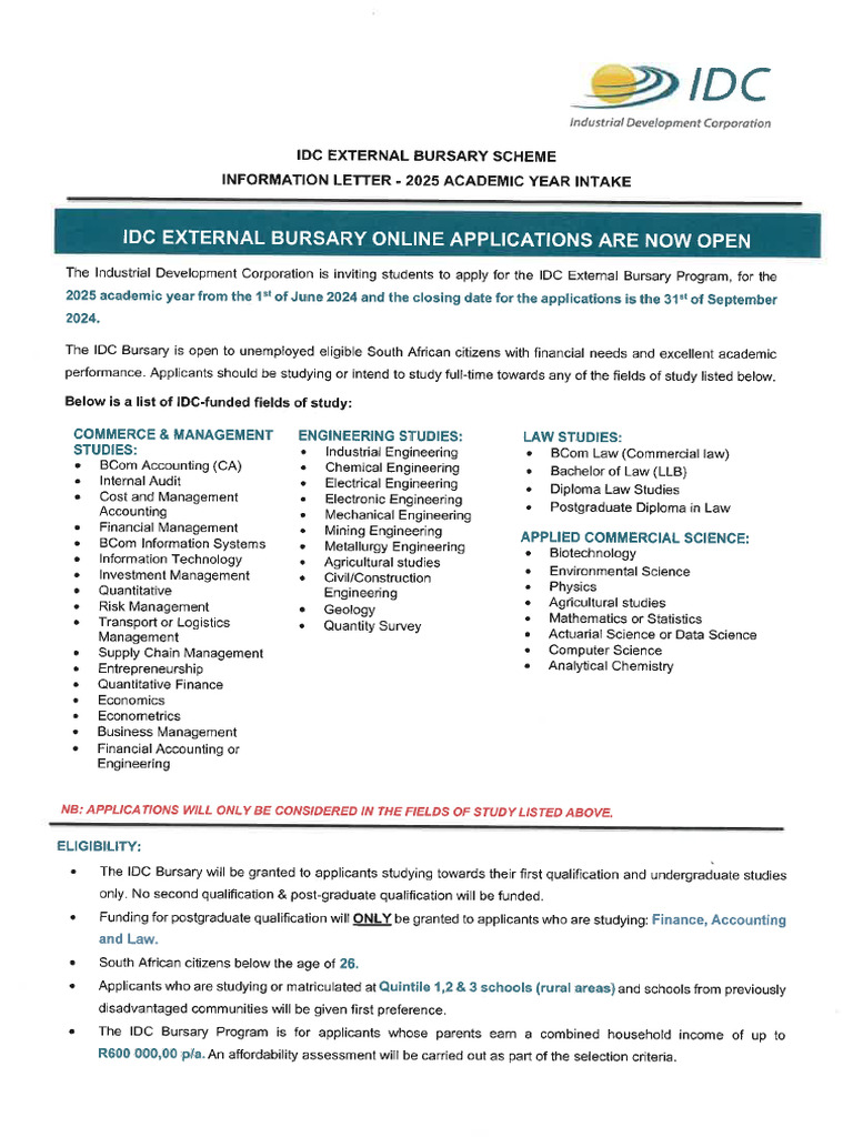 IDC External Bursary Application Advert for the 2025 Academic Year