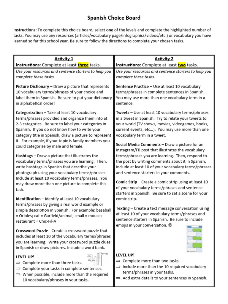 Spanish Vocabulary Choice Board Activities | PDF | Poetry | Vocabulary