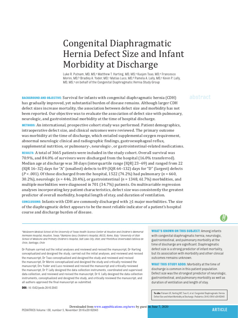 CDH Defect Size and Infant Morbidity | PDF | Neurology | Respiratory ...