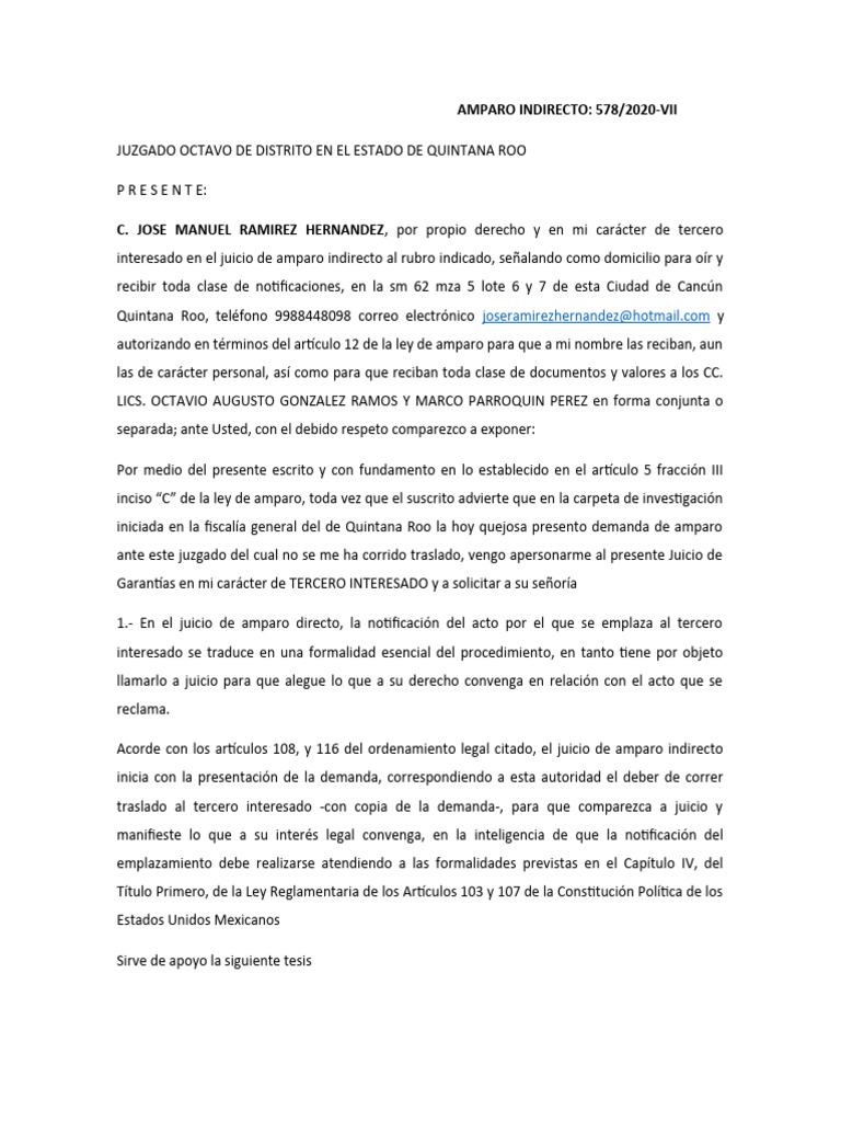 Amparo IndirectoTrasladoTerceroInteresado PDF Justicia Crimen y violencia