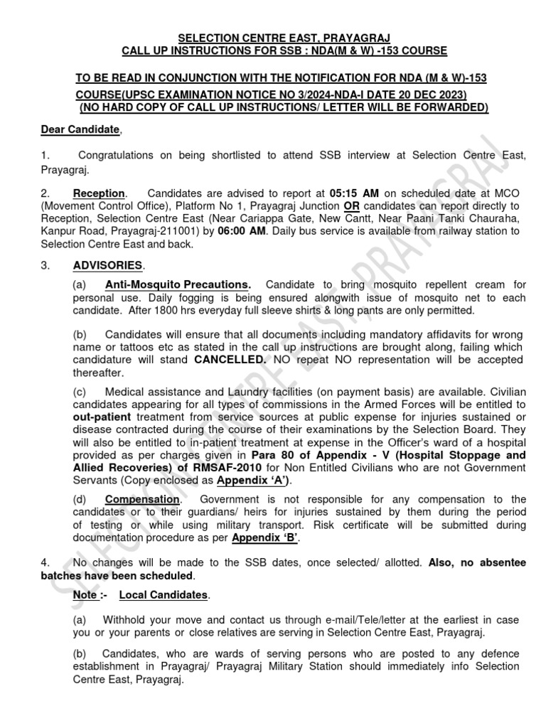 SSB Call Up Instructions for NDA-153 | PDF | Identity Document
