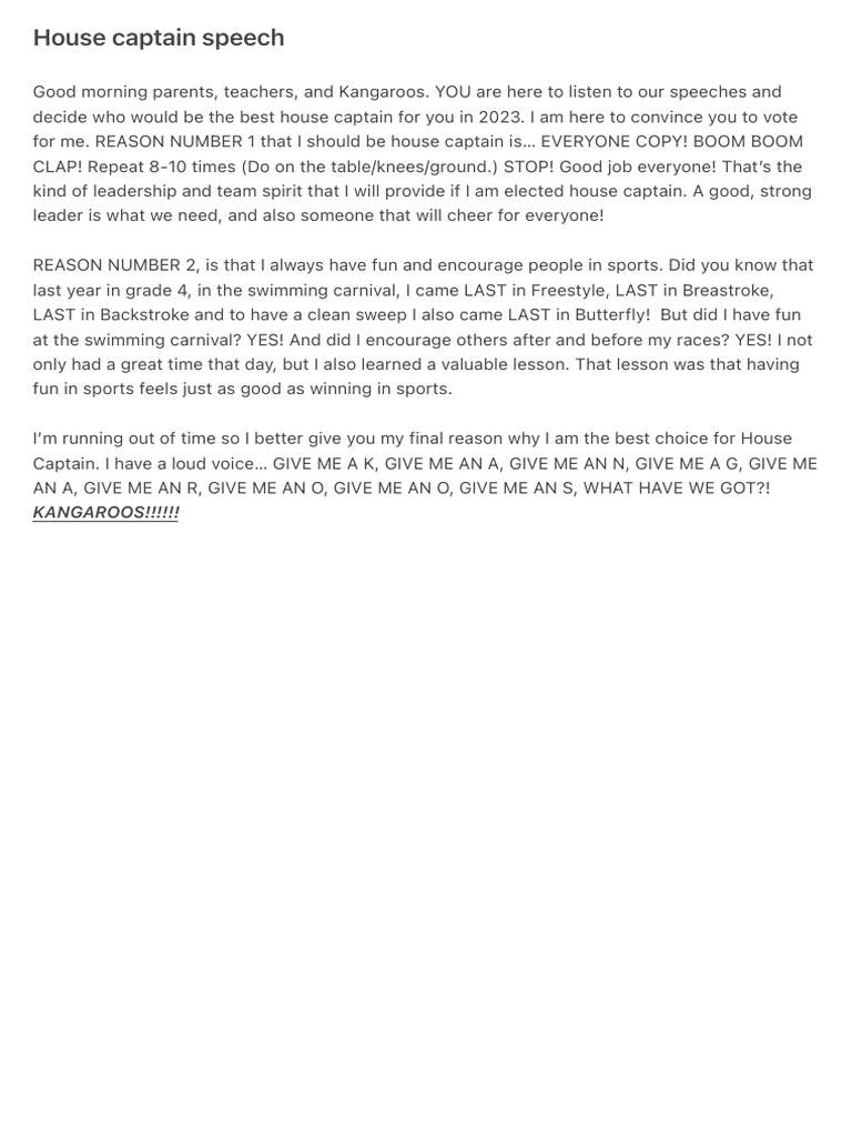 House captain speech PDF