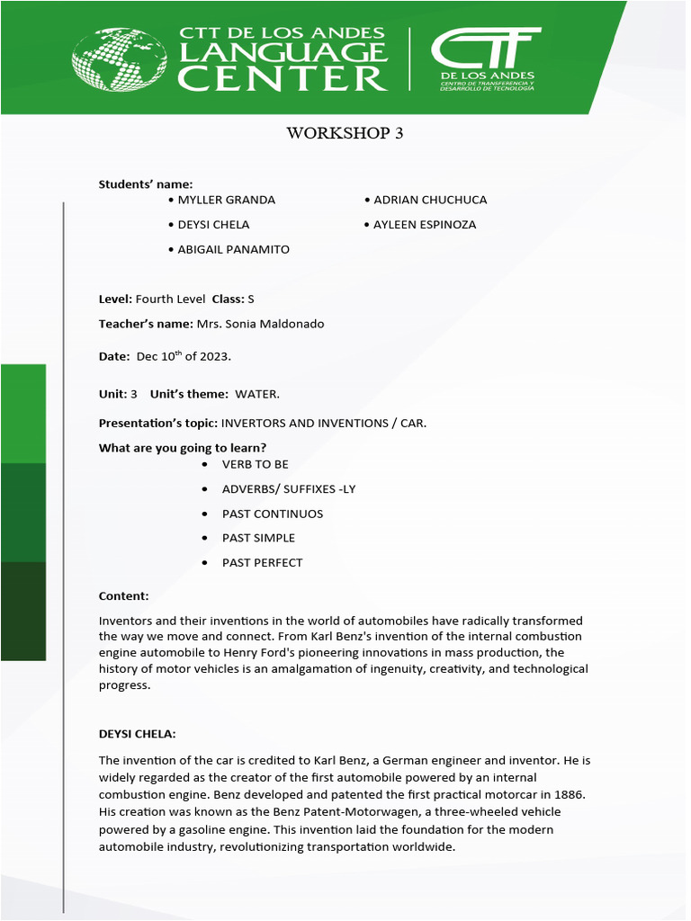 Workshop 4th S Group 2 Unit 3 | PDF | Car | Engines