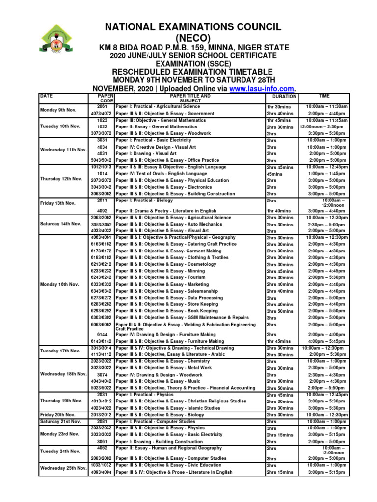 2020 neco ssce internal timetable re scheduled pdf