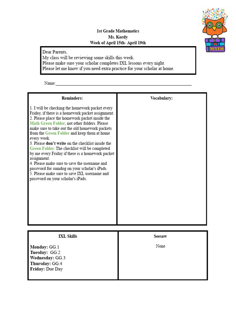 First Grade American Math Homework 4 15-4 19 | PDF | Foreign Language ...