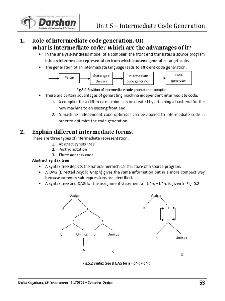 Intermediate Code Generation Notes