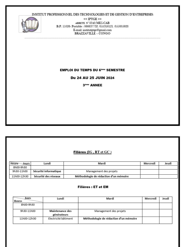 Emploi du Temps 6ème 2024 - IPTGE | PDF | Ordinateurs | Technologie et ...