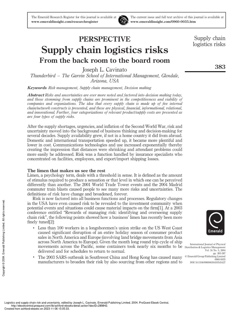 Logistics And Supply Chain Risk And Uncertainty Supply Chain