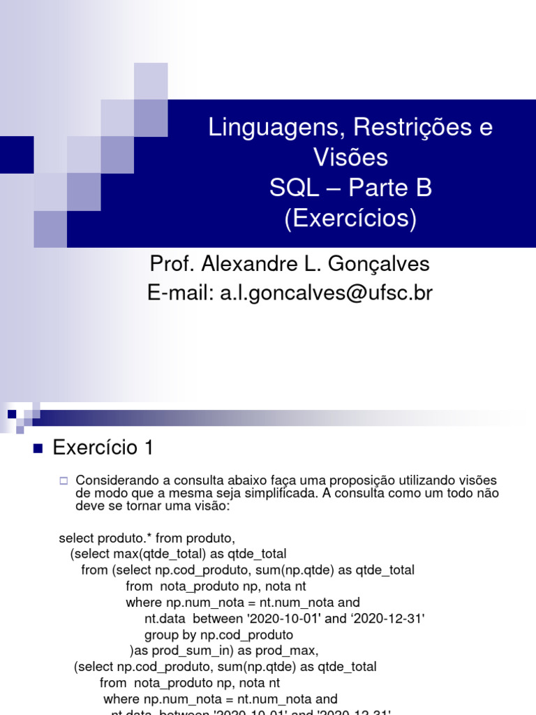 Exercícios de SQL: Consultas e Modelos | PDF | Bancos de dados | Gestão ...