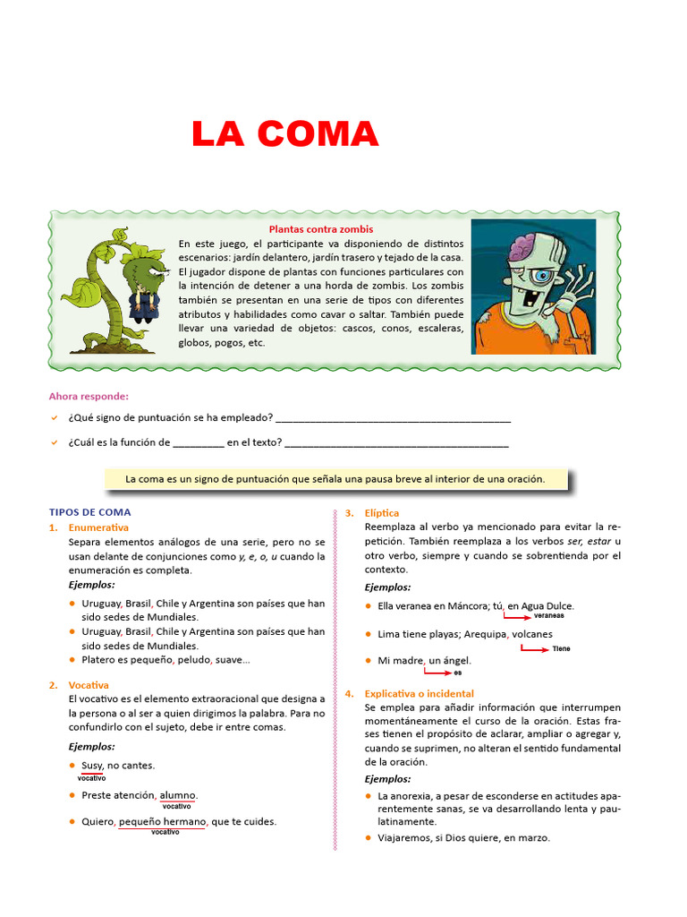 La Coma para Primer Grado de Secundaria | PDF | Coma | Mecánica del ...