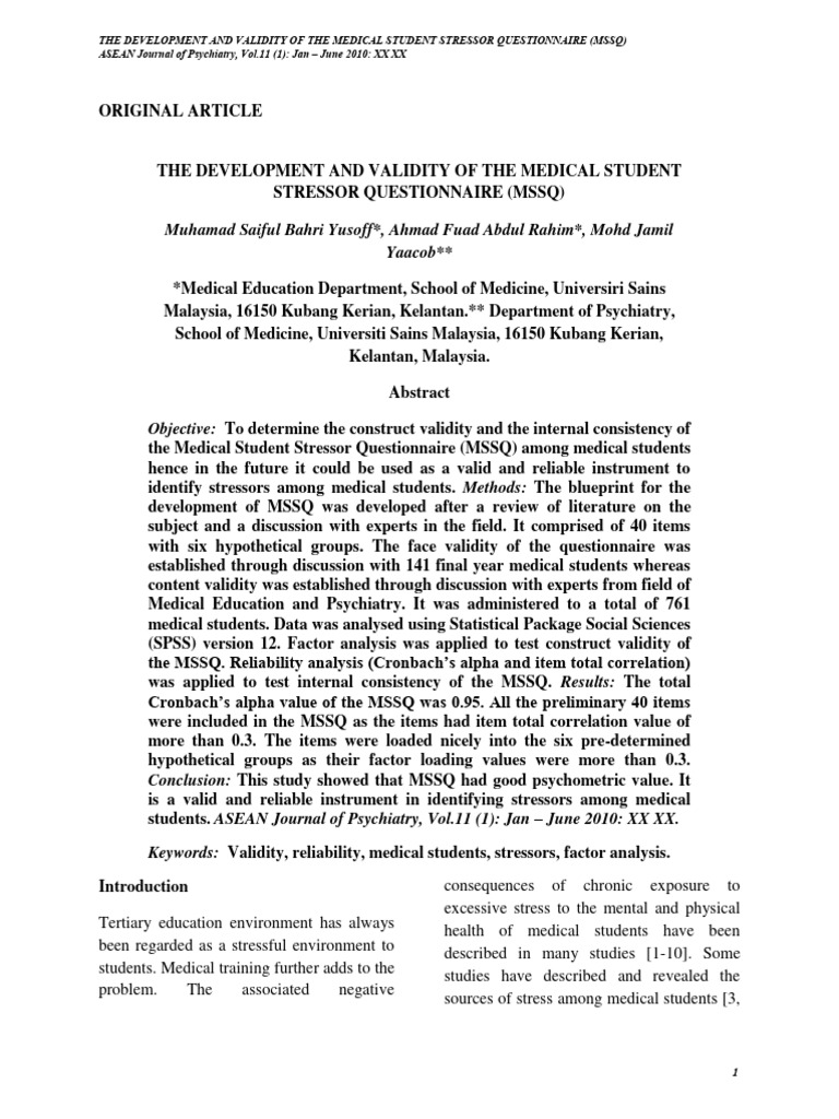 Medical Student Stressor Questionnaire Validity | PDF | Stress (Biology ...
