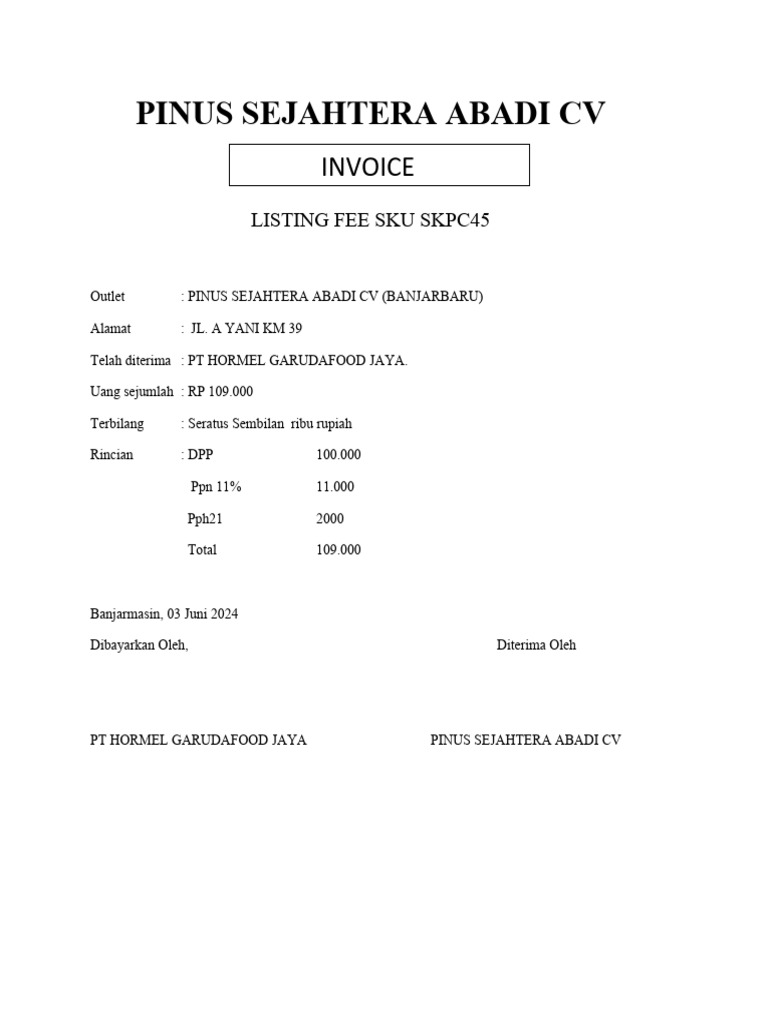 Invoice PT Hormel untuk CV Pinus Sejahtera | PDF