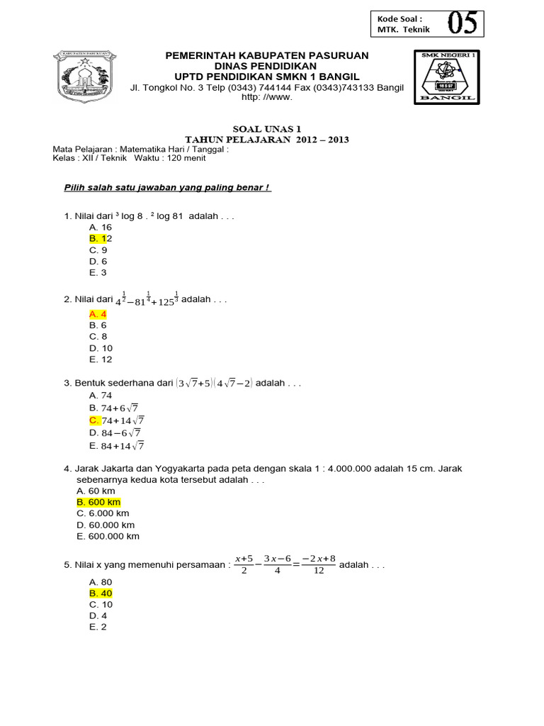 Soal Mat 5 + Kunci | PDF
