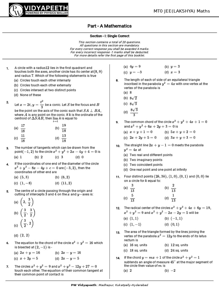 JEE Maths Practice Questions Guide | PDF | Circle | Classical Geometry