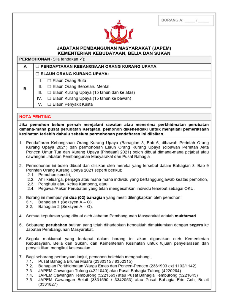 Borang Permohonan OKU Brunei 2021 | PDF