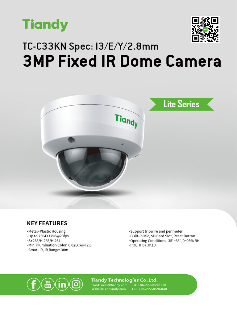 3MP Dome IP Camera TC-C33KN Spec-I3-E-Y-2.8mm | PDF | Camera | Camera Lens