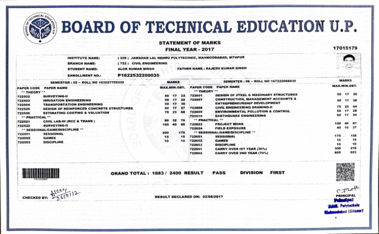 Civil Engineering Diploma Marksheet 2017 | PDF | Physical Sciences ...