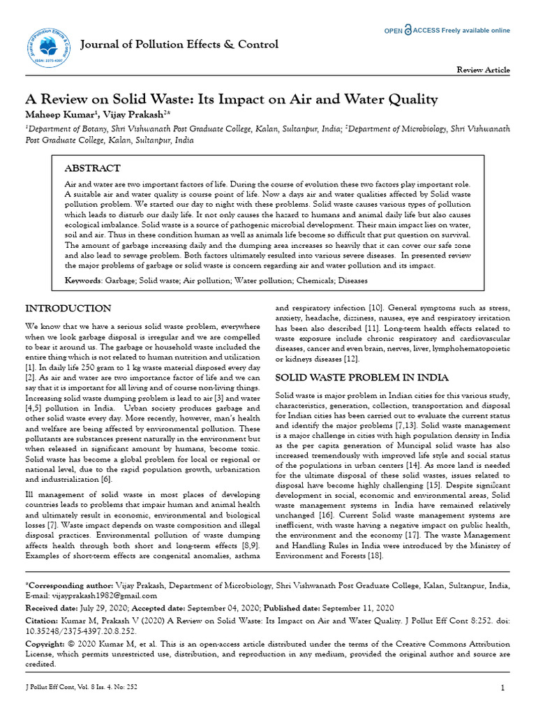 A Review On Solid Waste Its Impact On Air and Water Quality | PDF ...