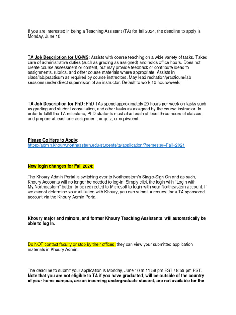 Fall 2024 TA Application Guidelines | PDF | Teaching Assistant