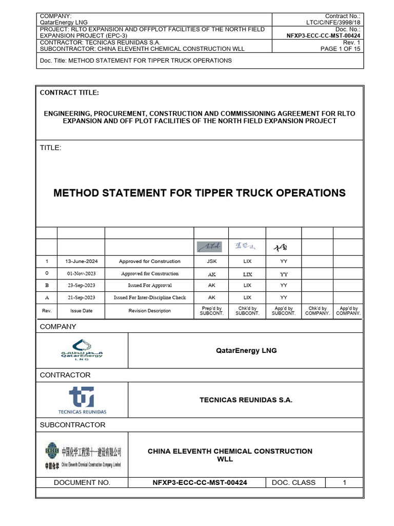 Tipper Truck Operations Method Statement | PDF | Occupational Safety ...